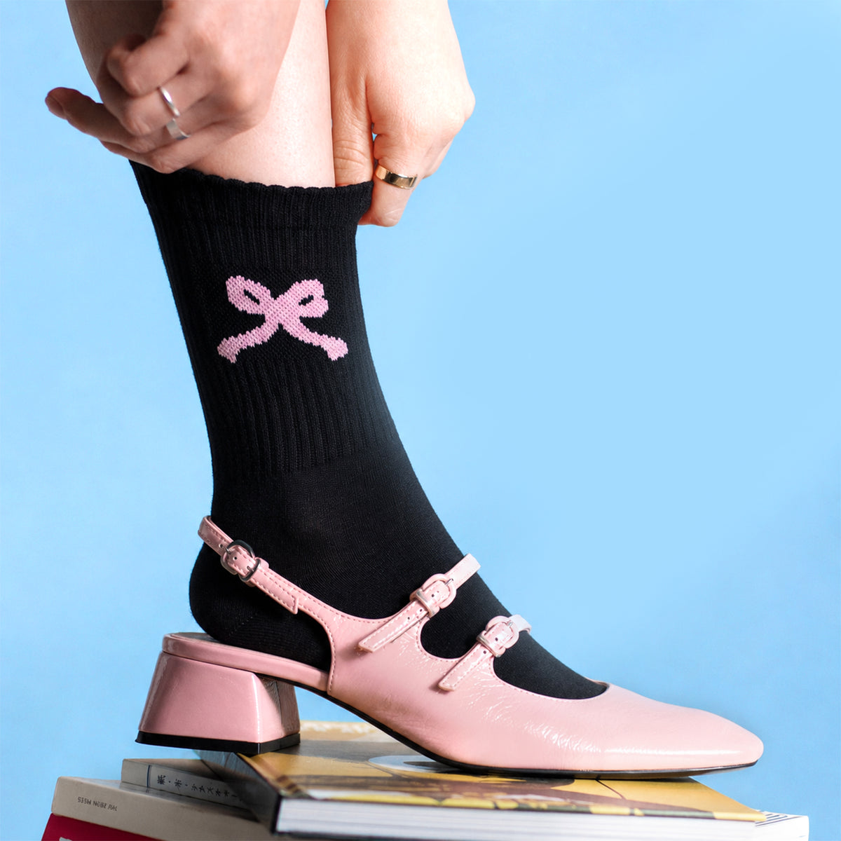 Pink Bow Crew Socks - Black