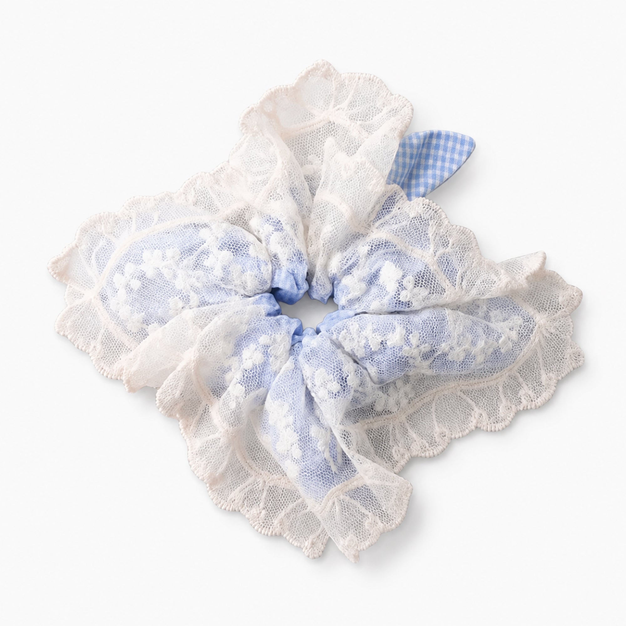 Blue with White Lace Square Scrunchie