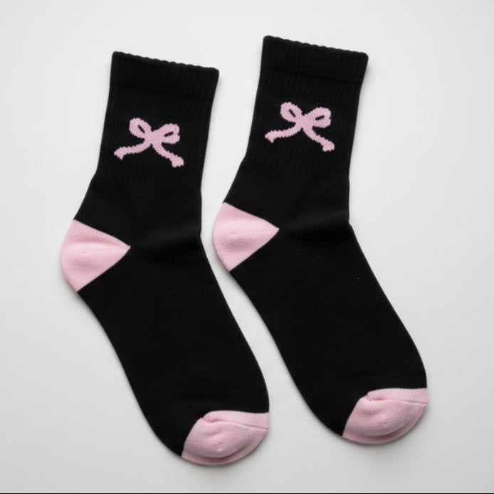 Black Pink Bow Crew Socks