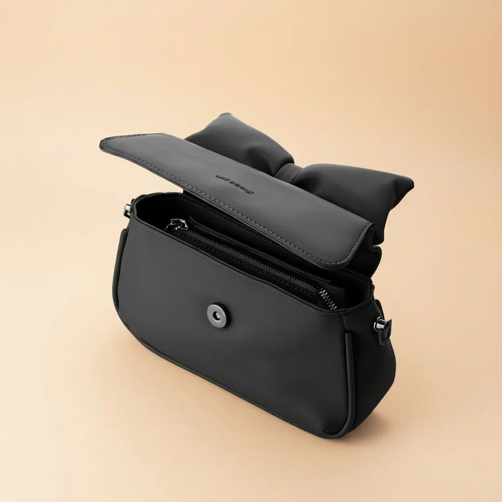 Puffed Bow Top Sling Bag - Black