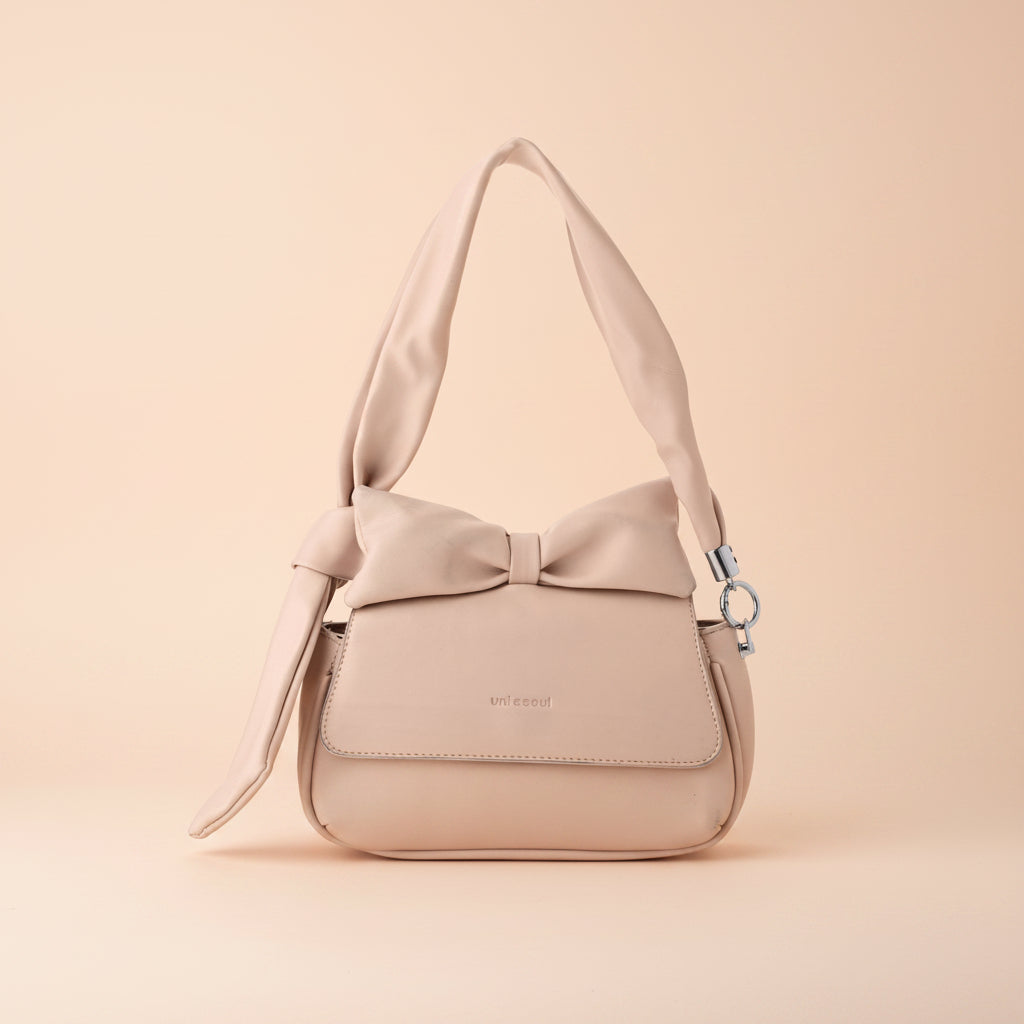 Puffed Bow Top Sling Bag - Beige