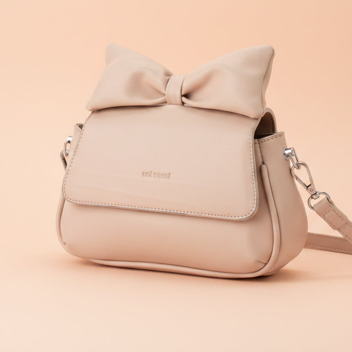 Puffed Bow Top Sling Bag - Beige