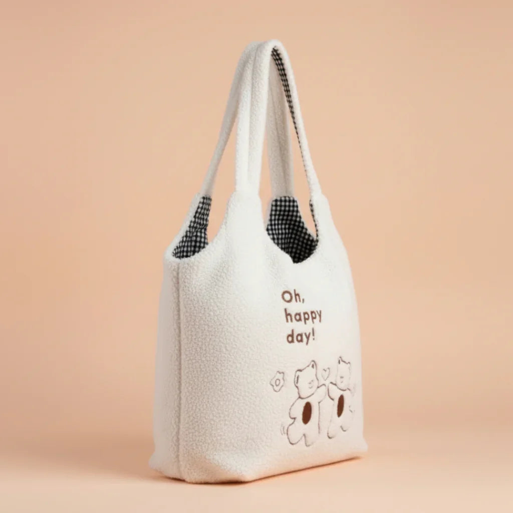 Happy Day White Furry Tote bag
