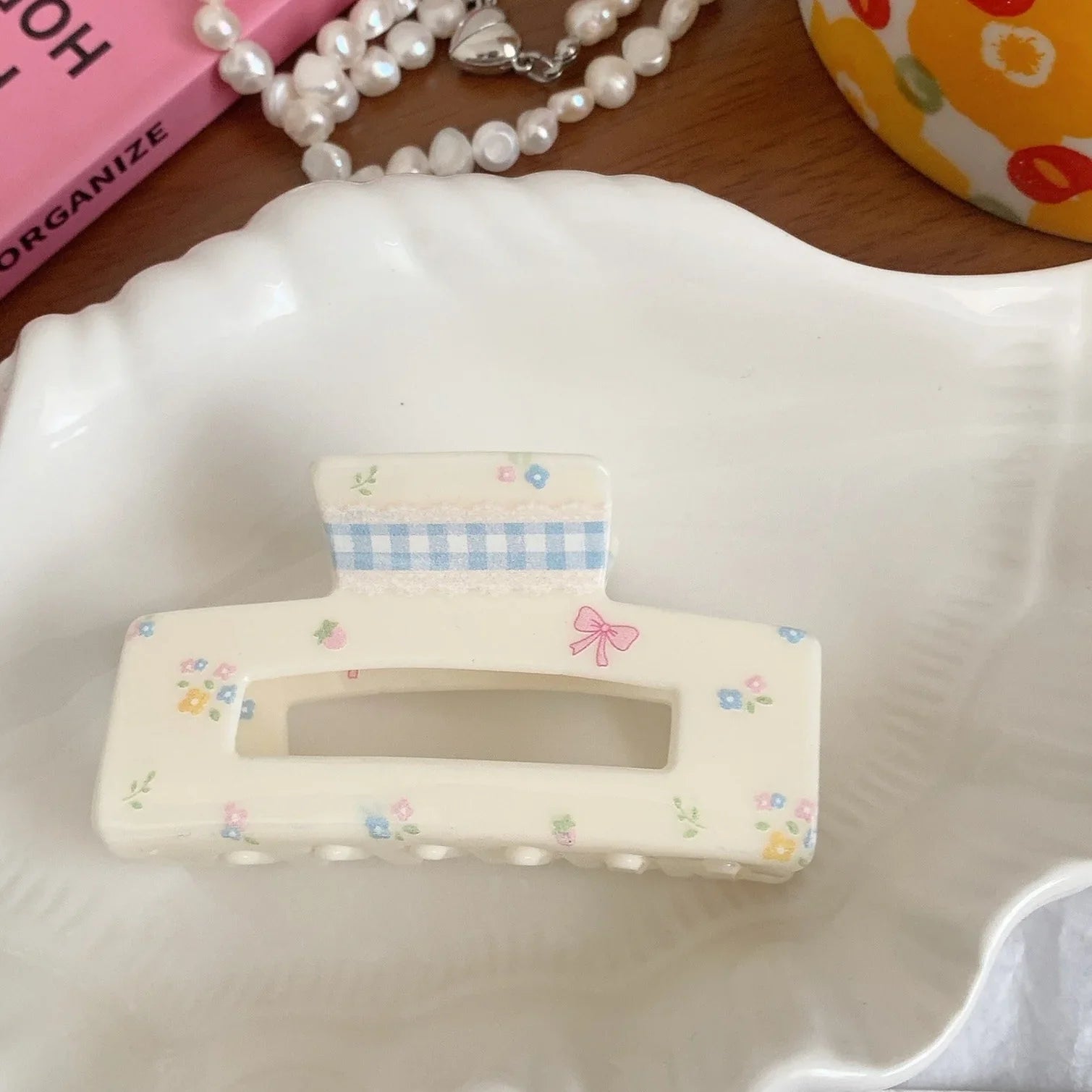 Gingham Stripe with Flowers Claw Clip