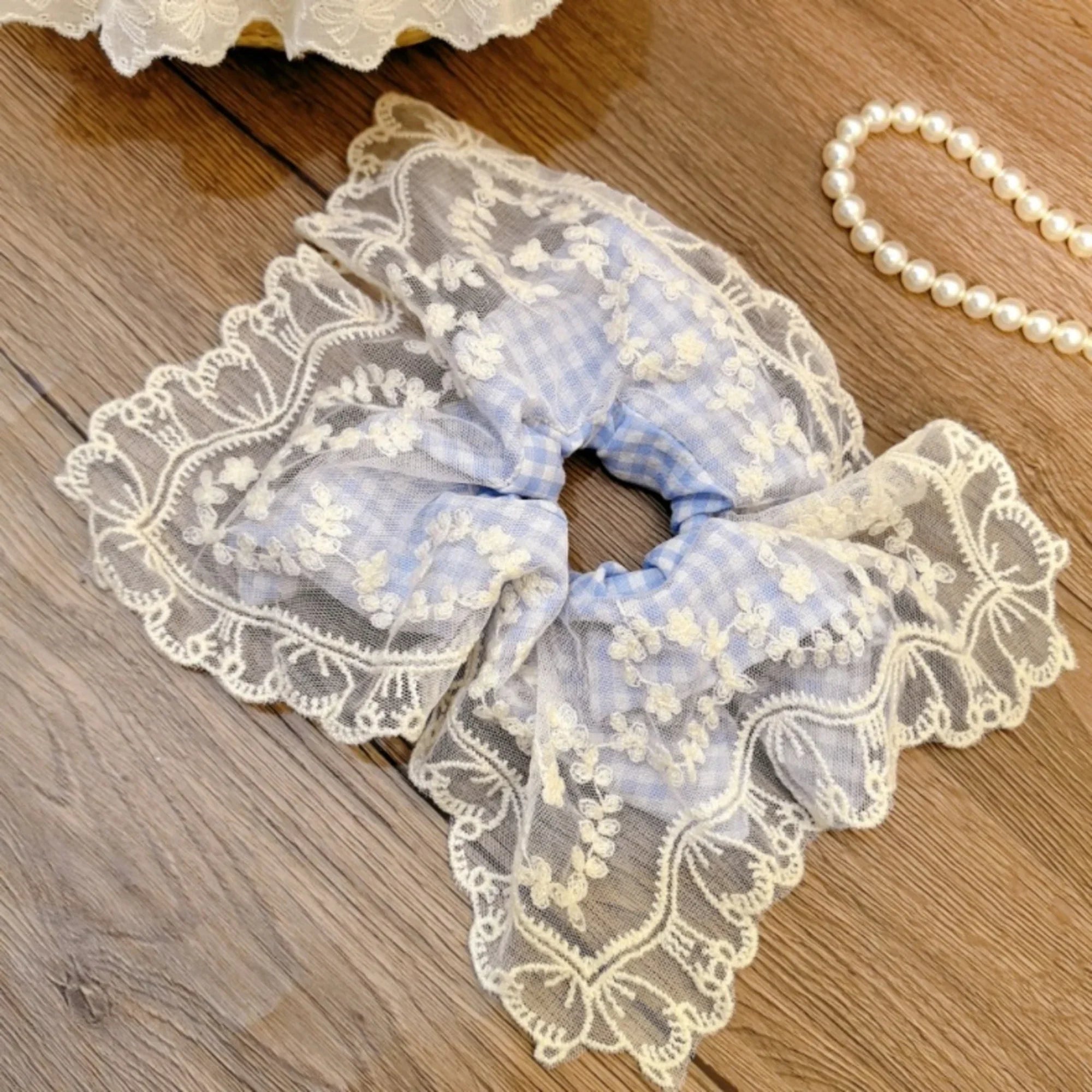 Blue with White Lace Square Scrunchie