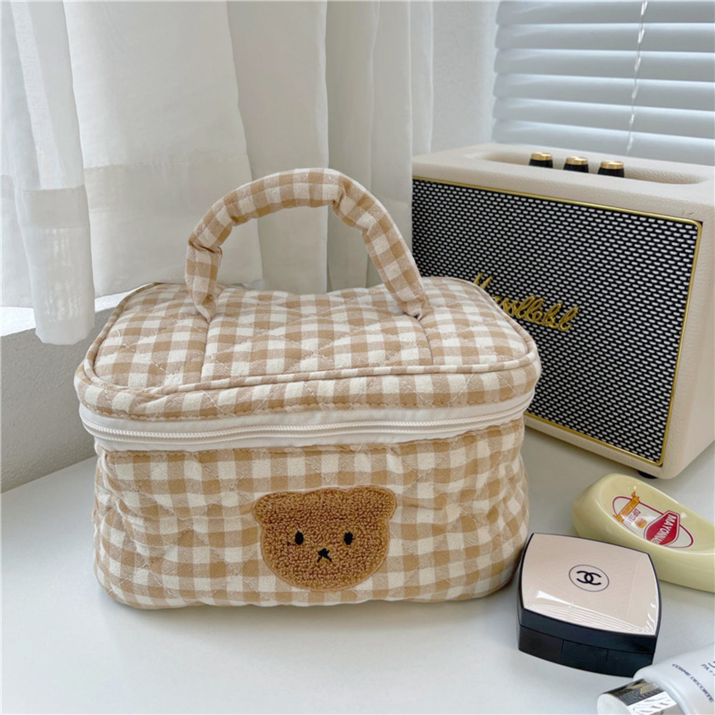 Brown Gingham Makeup Vanity Bag