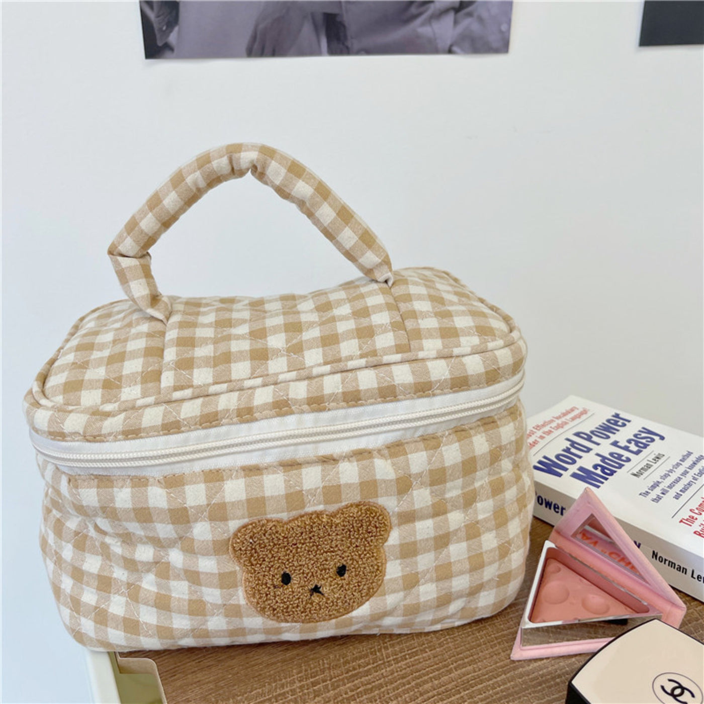 Brown Gingham Makeup Vanity Bag