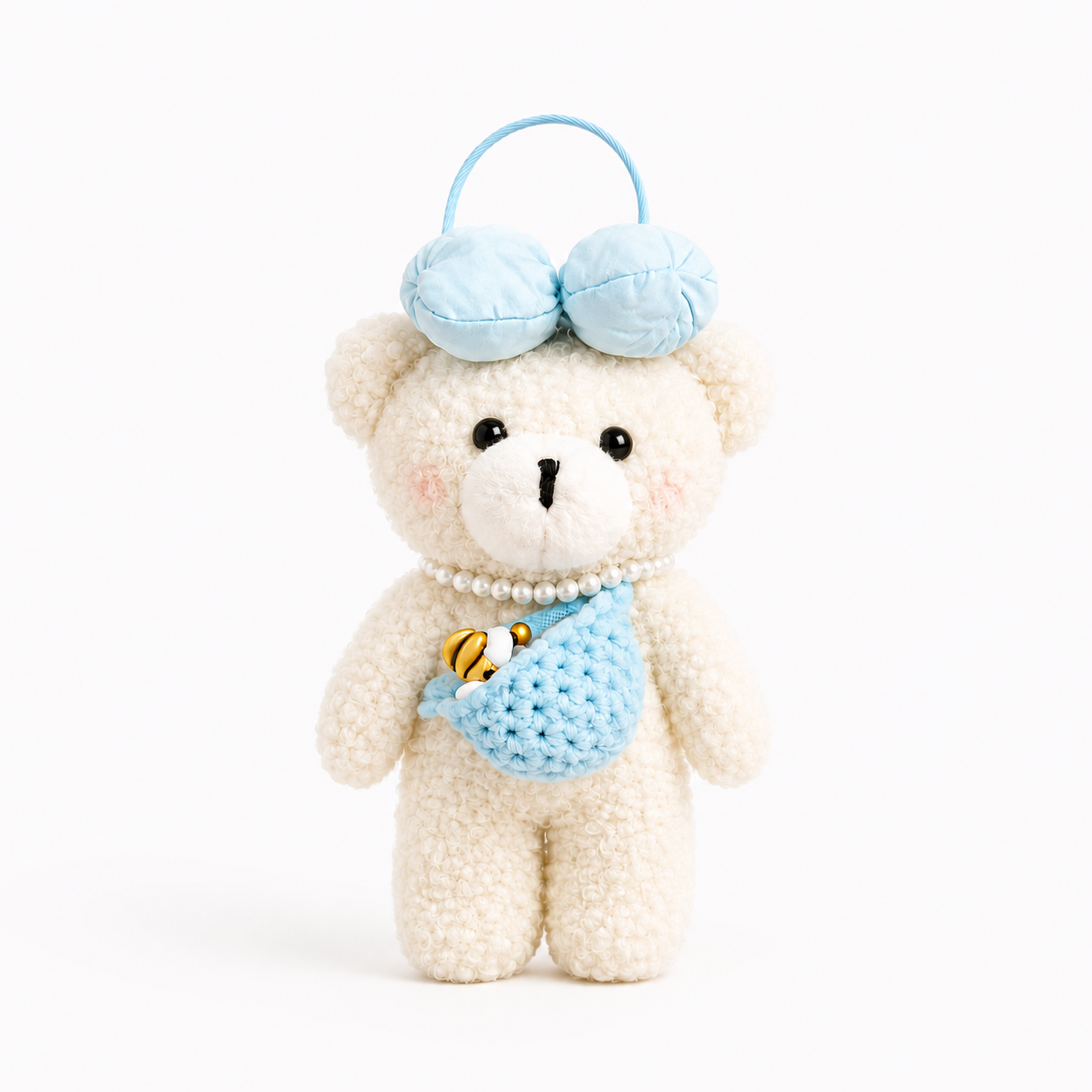 White Teddy Blue Crochet and Bow Plushie Keyring
