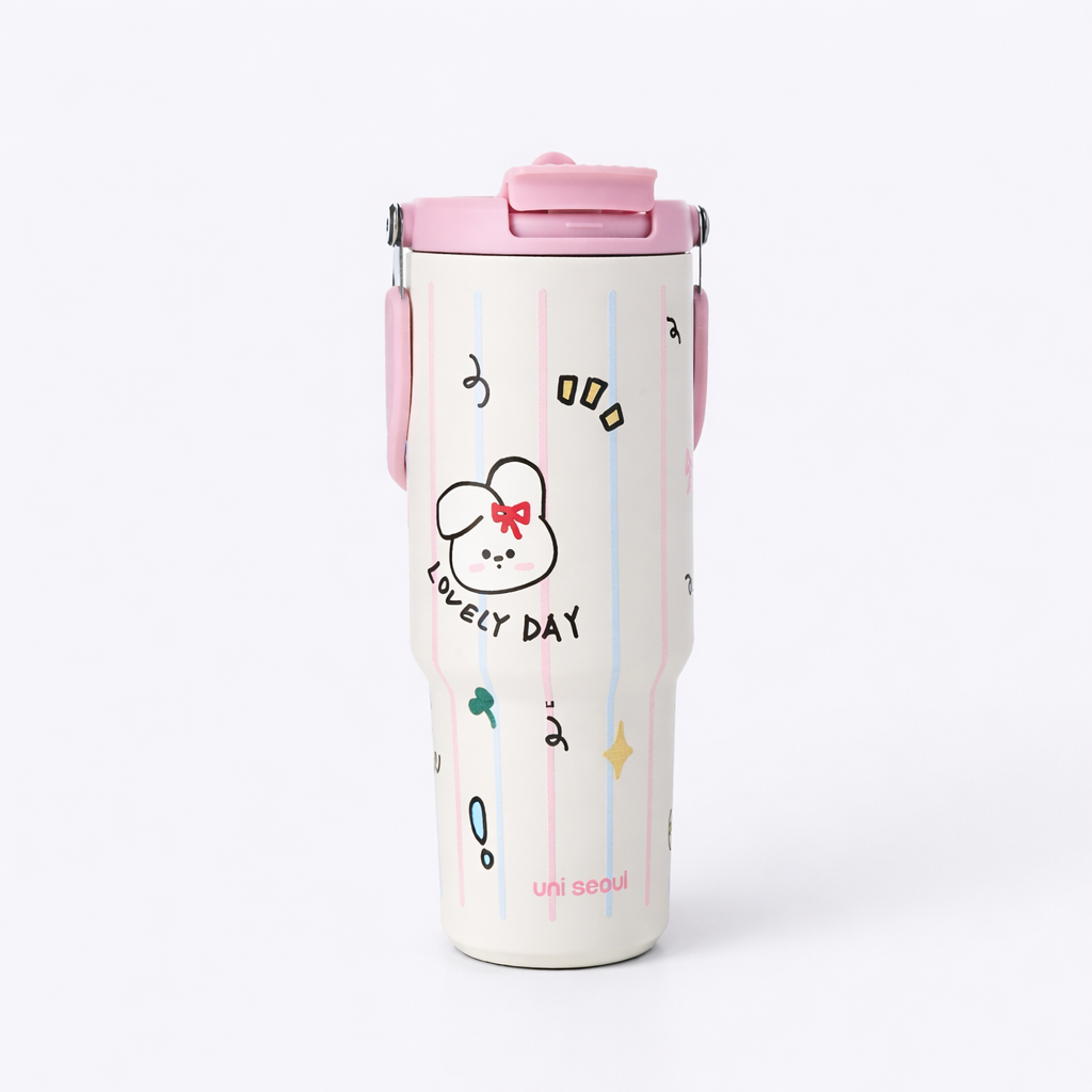 Pink-Blue striped Happy Bunny stainless steel Tumbler