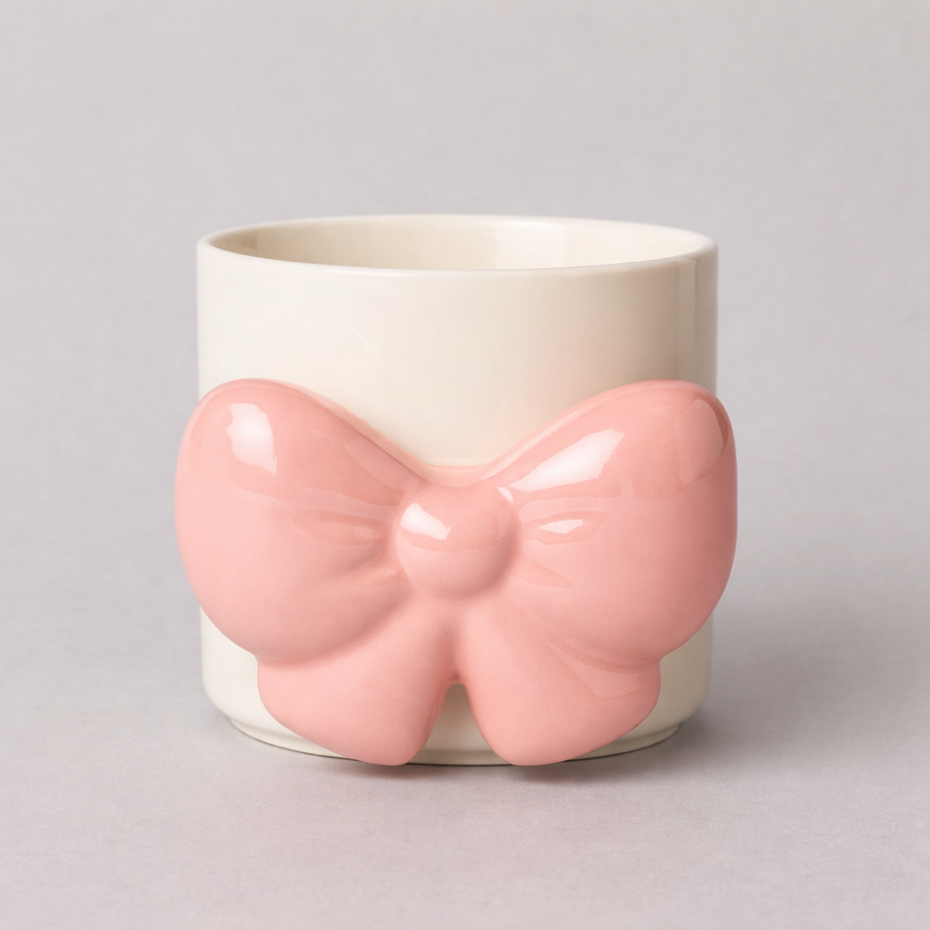 Glossy Ceramic Mug with Pink Butterfly Handle (bow coffee mug)
