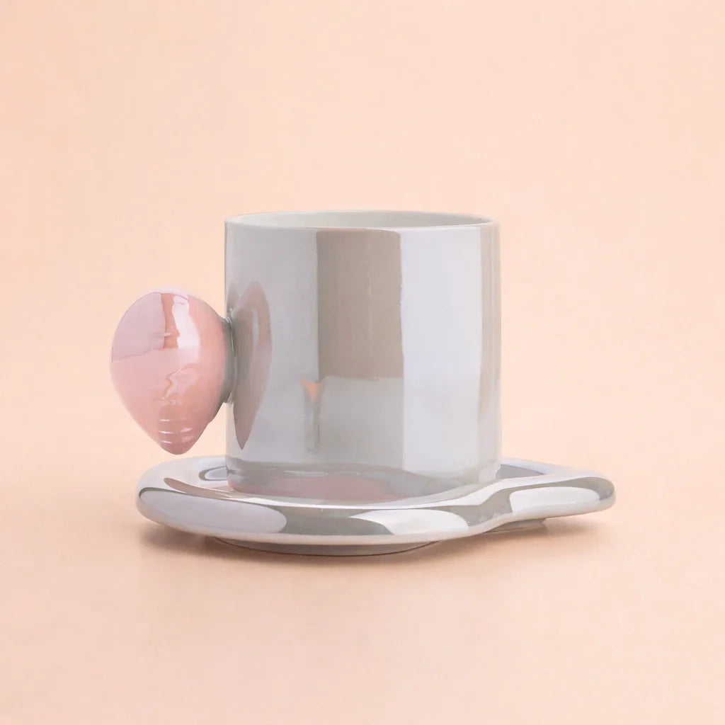 Glossy White Ceramic Mug with Pink Heart Handle