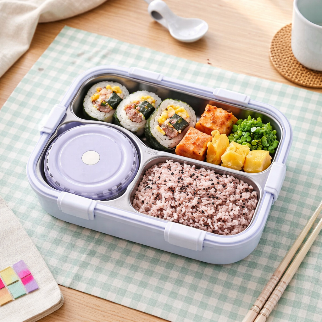 Korean Bento Box 3 Grid with Soup Bowl - Purple
