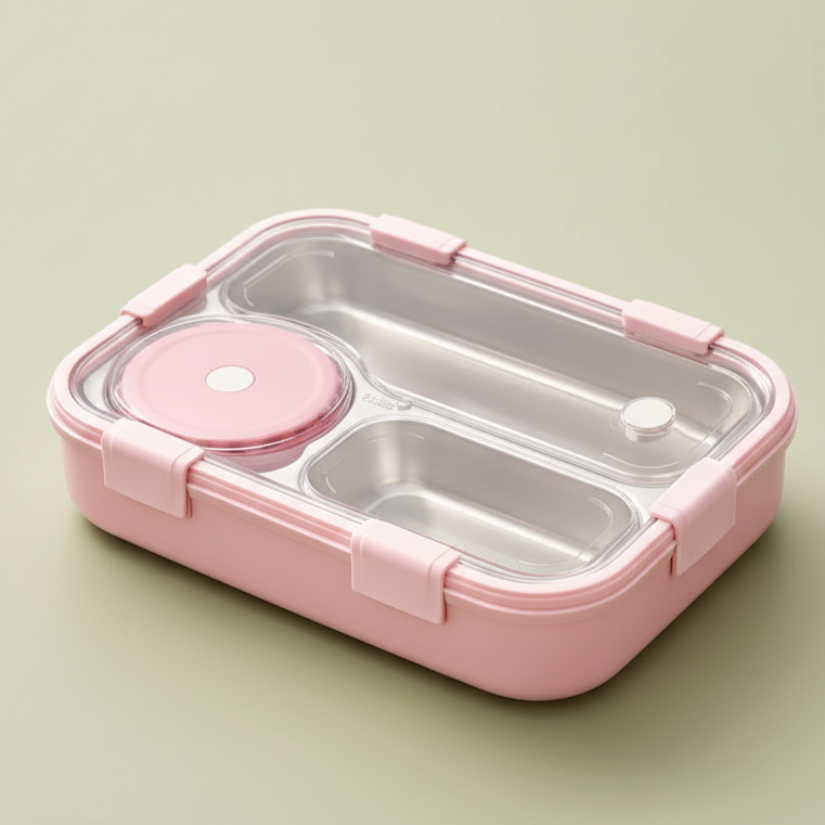 Korean Bento Box 3 Grid with Soup Bowl - Pink