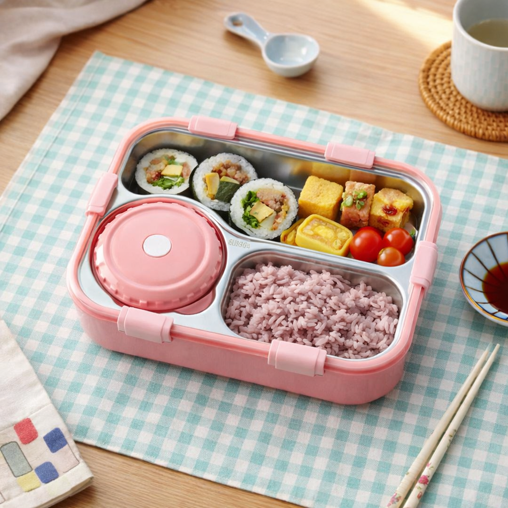 Korean Bento Box 3 Grid with Soup Bowl - Pink