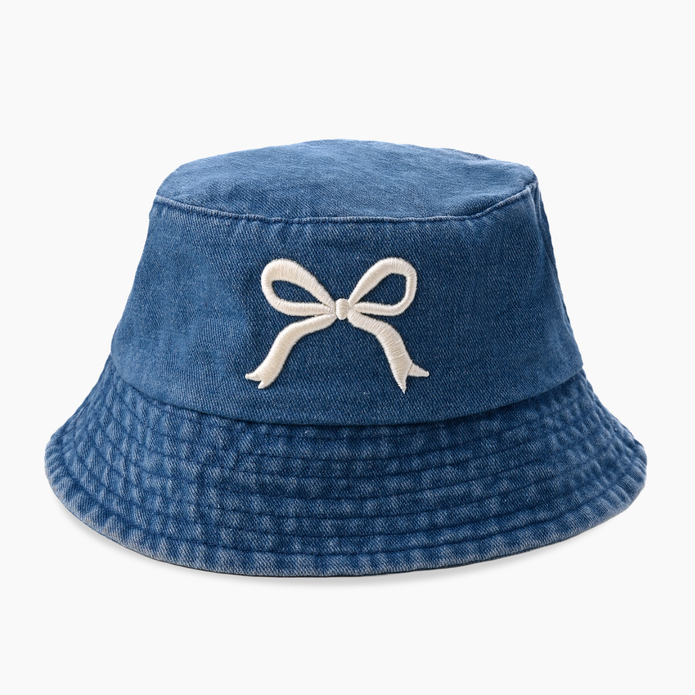 White Embroidered Bow Bucket Hat