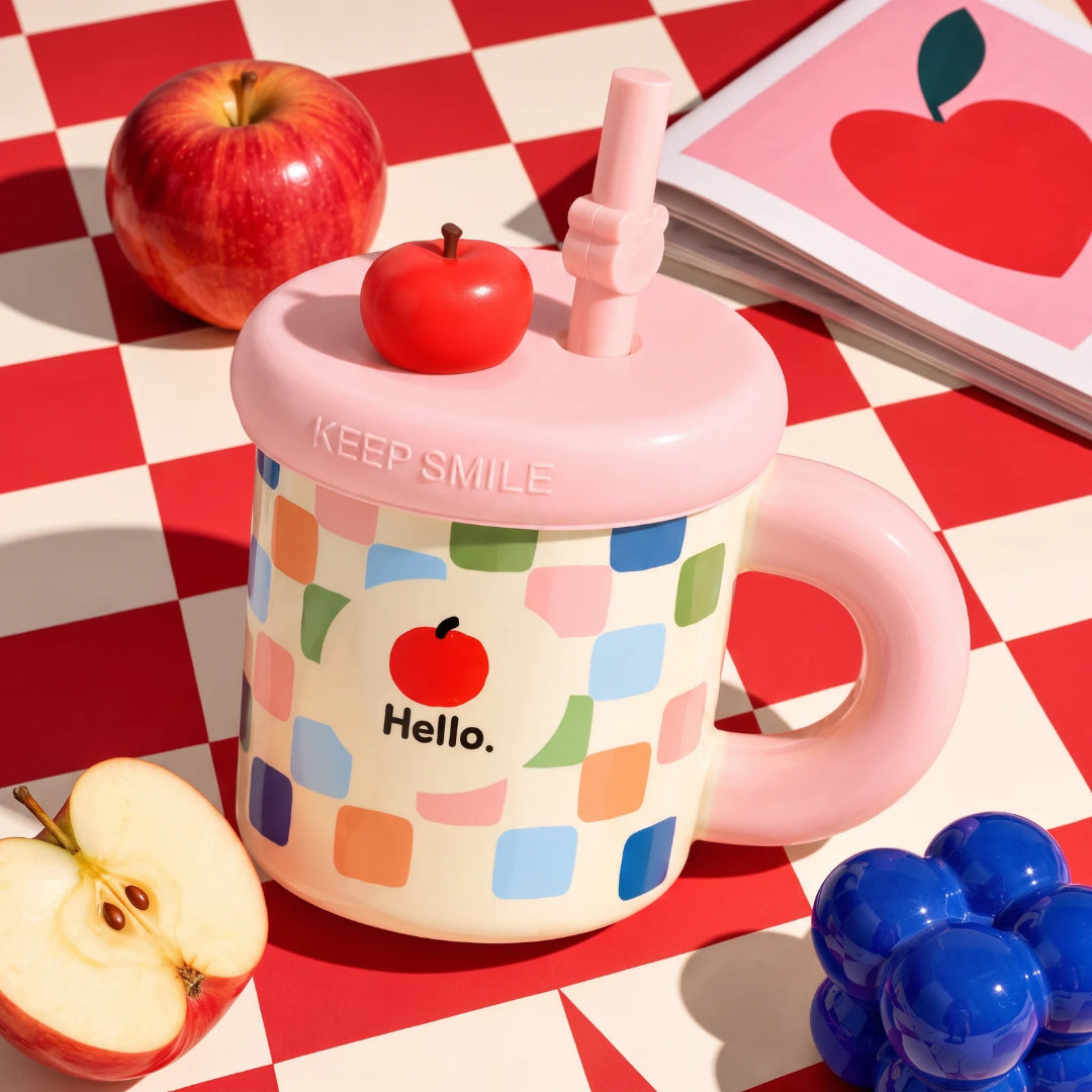 Apple Checkered Ceramic Mug with Straw - Cream