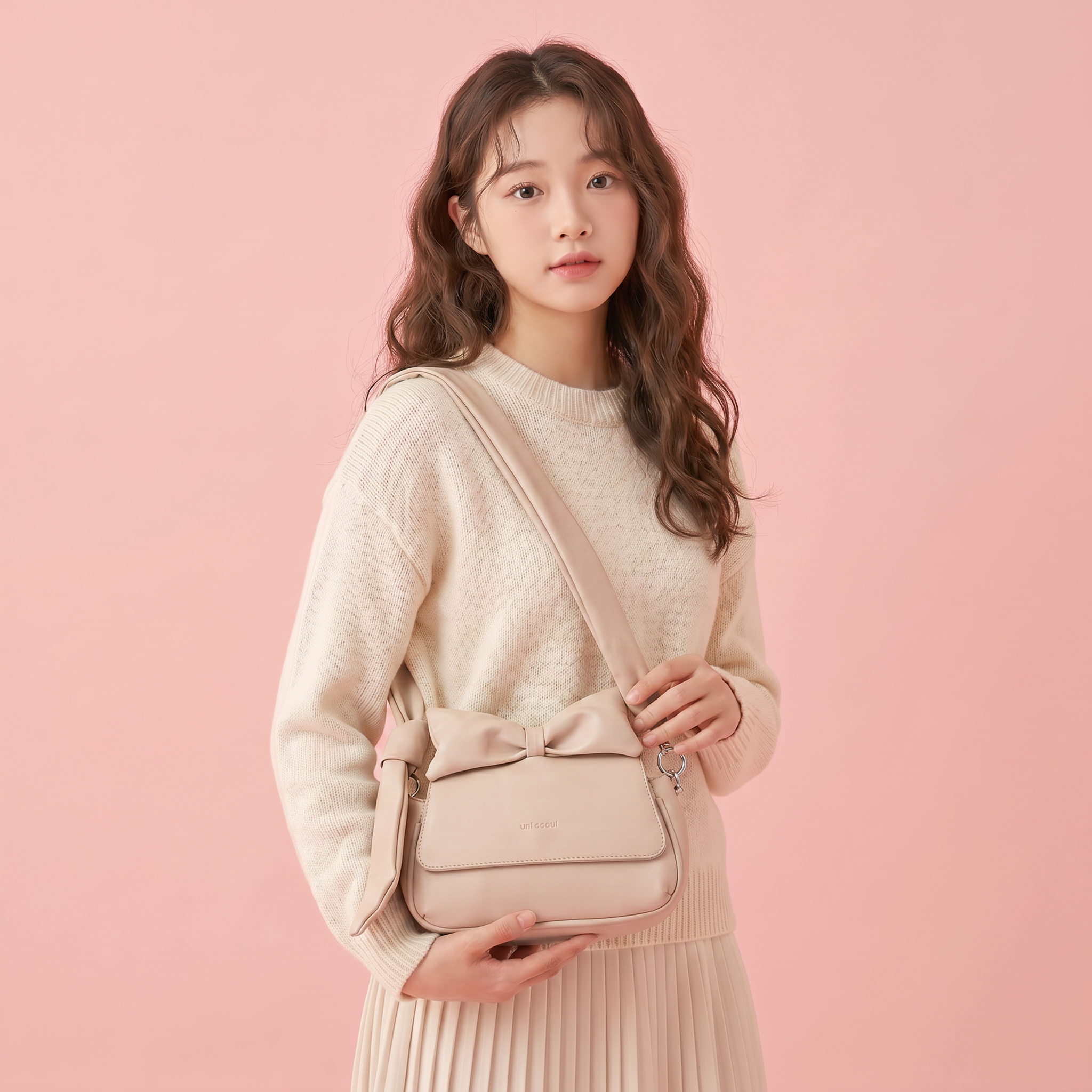 Puffed Bow Top Sling Bag - Beige