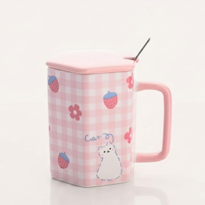 Pink Checker Bear Ceramic Mug with spoon (all in one)