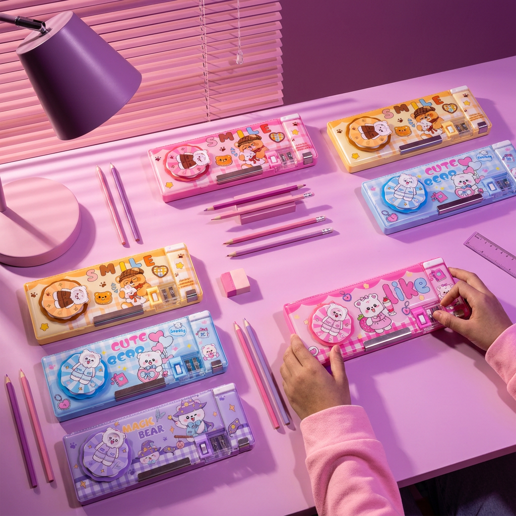Bear Multifunctional Magnetic Pencil Cases - Pink