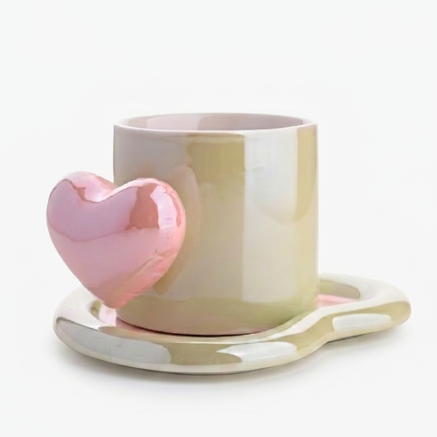 Glossy Pastel Green Ceramic Mug with Pink Heart handle