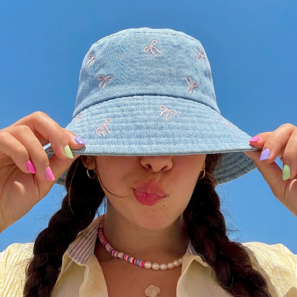 Washed Blue Bucket Hat with Bows