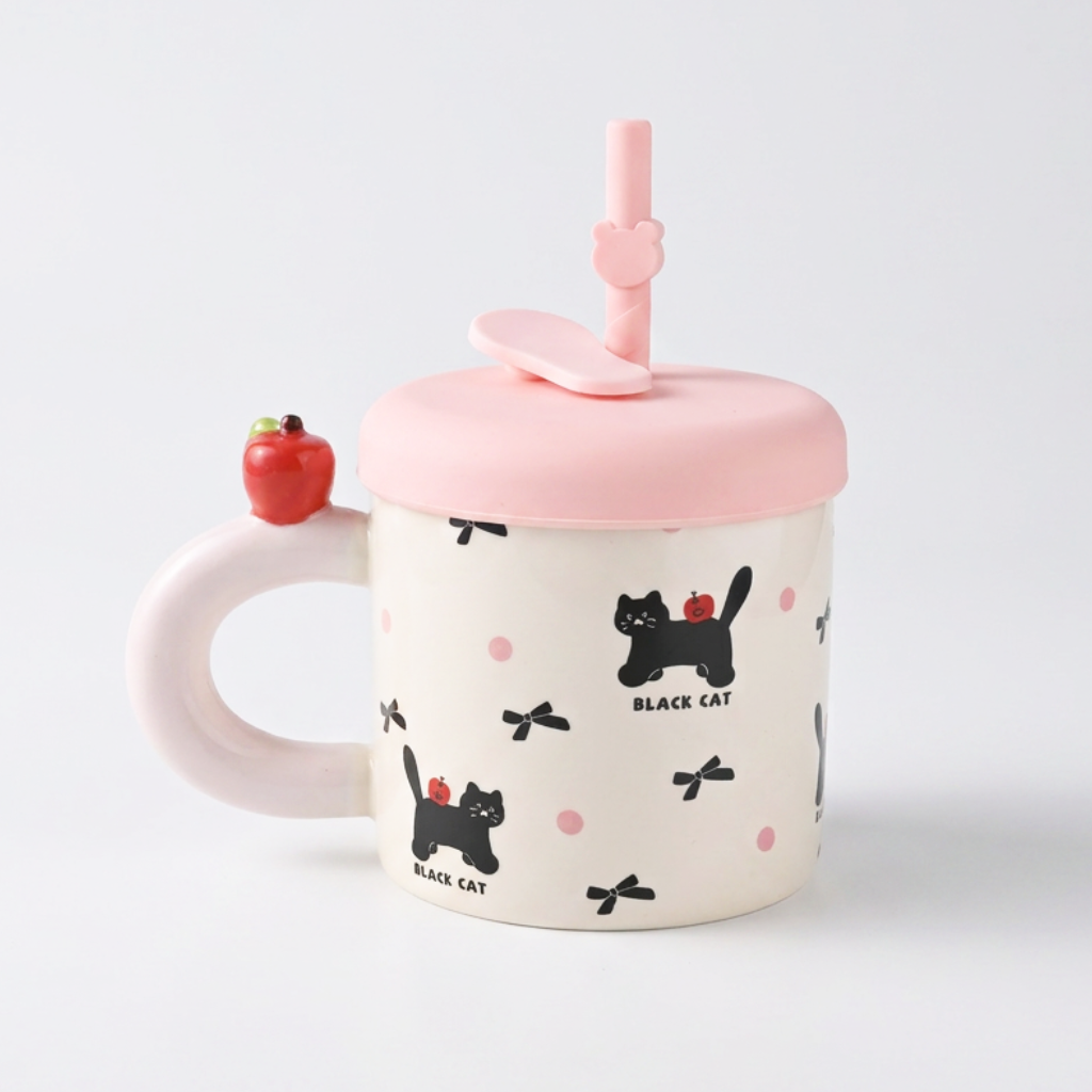 Black Cat and Bow Ceramic Coffee Mug with Straw Pink