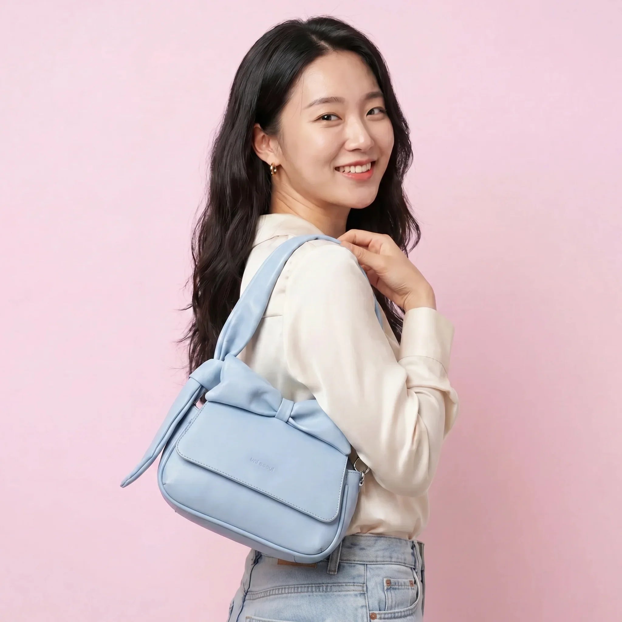 Puffed Bow Top Sling Bag - Powder Blue