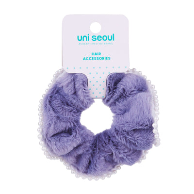 Purple Korean Single Fur Scrunchie with Pearls