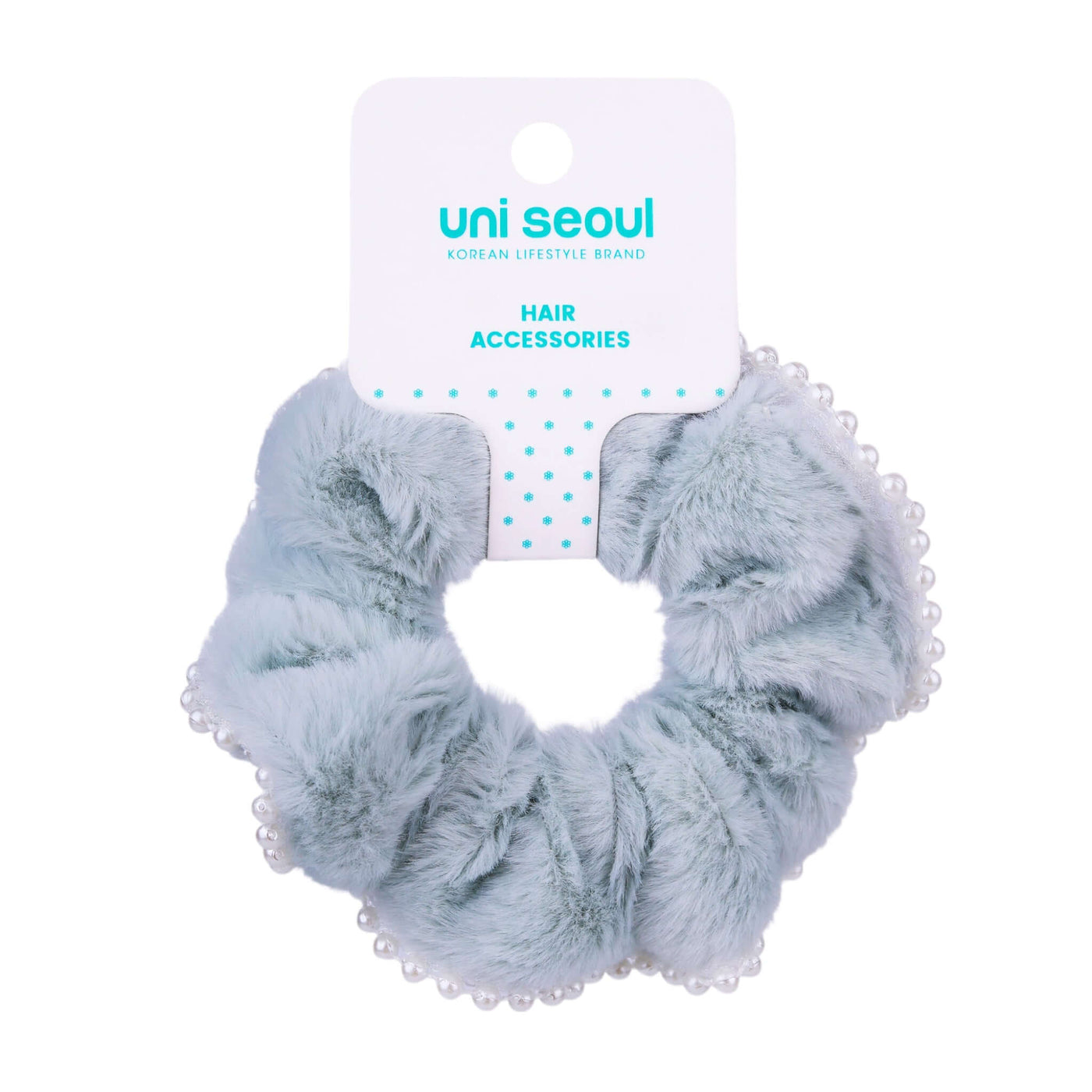 Korean Single Fur Scrunchie with Pearls - Blue
