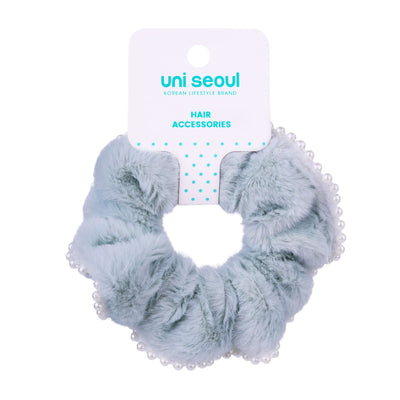 Korean Single Fur Scrunchie with Pearls - Blue