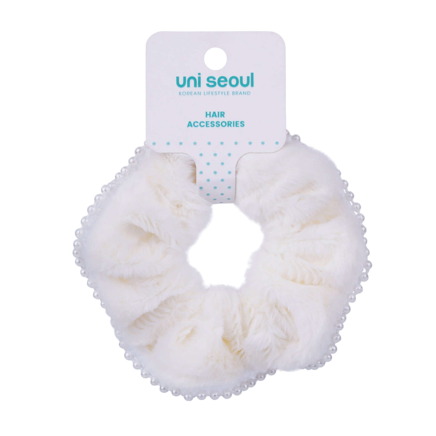 Korean Single Fur Scrunchie with Pearls - White