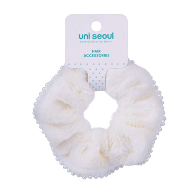 Korean Single Fur Scrunchie with Pearls - White
