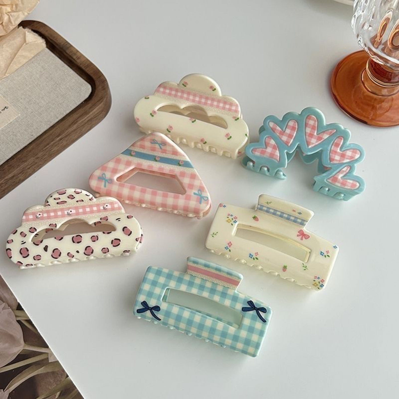 White Cloud Gingham Claw Clip