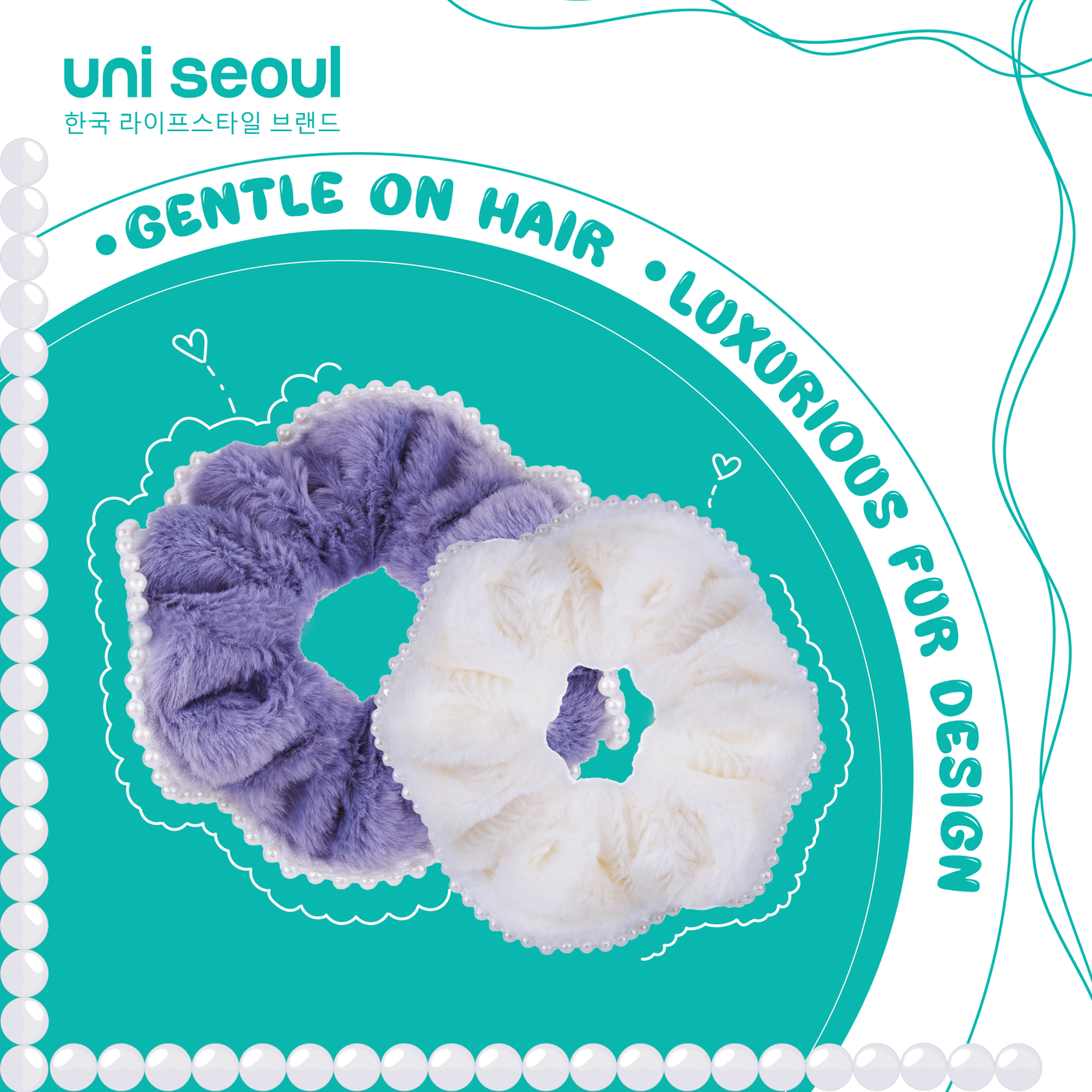 Korean Single Fur Scrunchie with Pearls - White