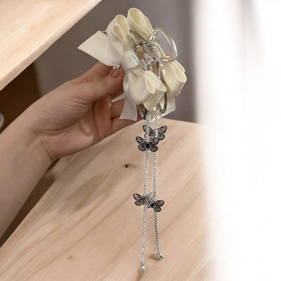 White Ribbon Claw Clip with Butterfly Tassel