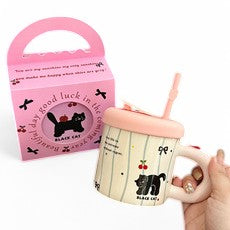 Black Cat Ceramic Mug with Straw