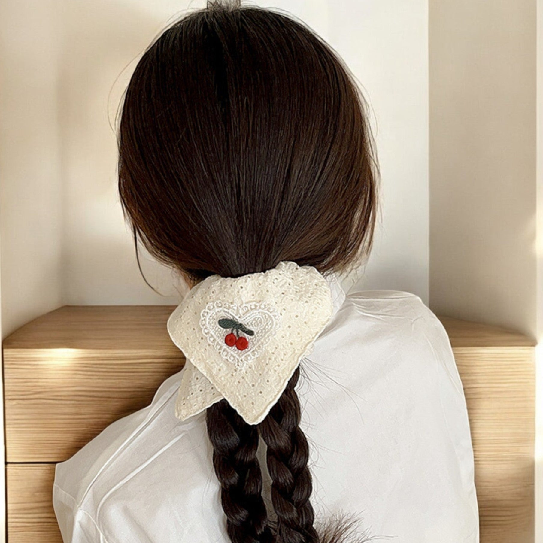 Square Cherry Embroidery Scrunchie