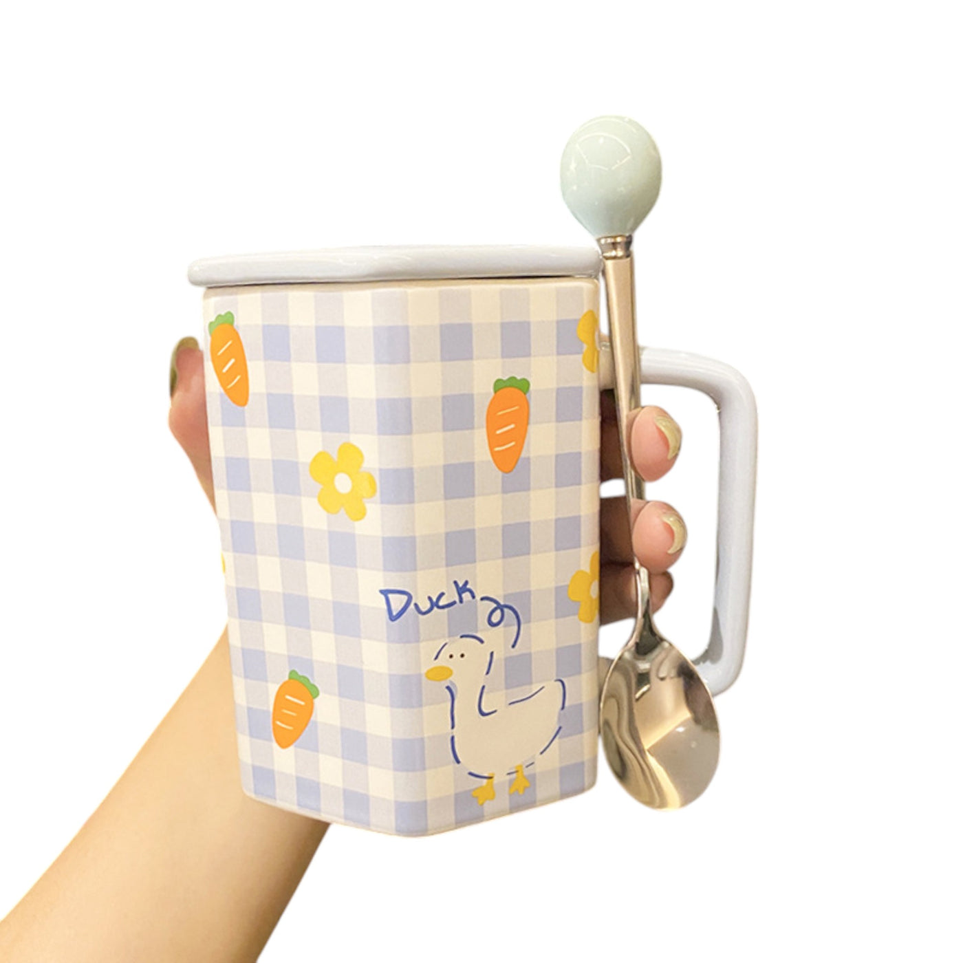Blue Checkered Ceramic Mug with Spoon
