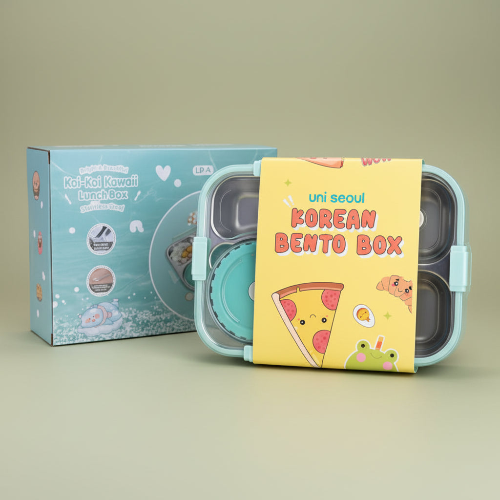 Korean Bento Box 3 Grid with Soup Bowl - Blue