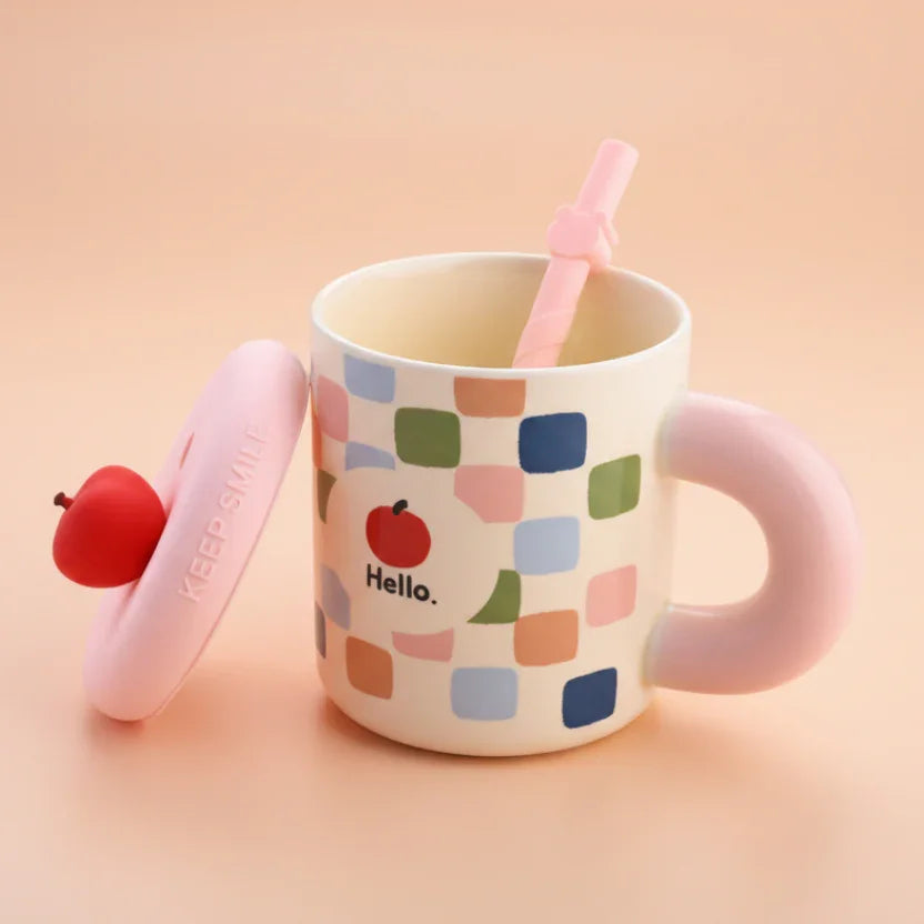 Cherry Ceramic Mug with Straw