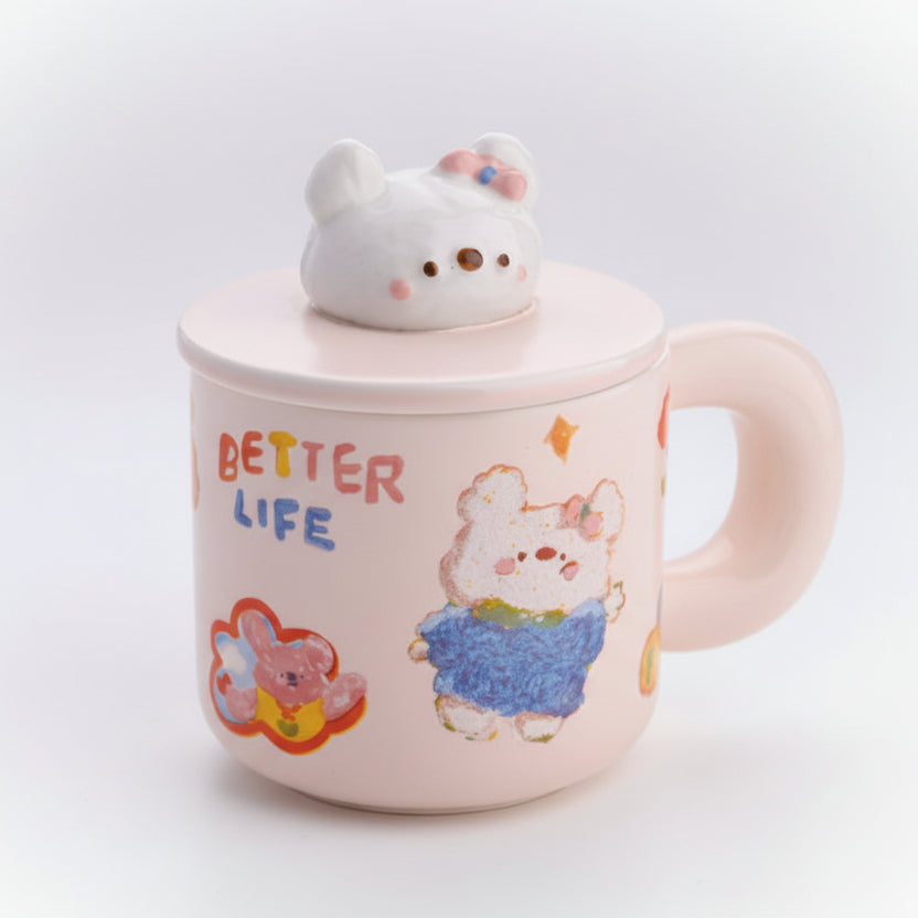 White Bunny Ceramic Cup with Bunny Handle Lid
