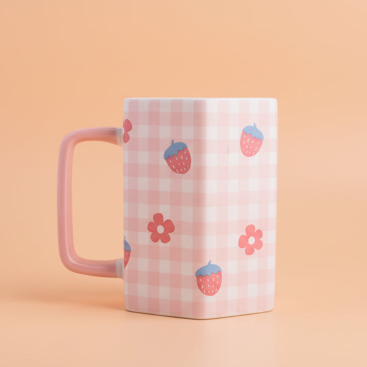Pink Checker Bear Ceramic Mug with spoon (all in one)