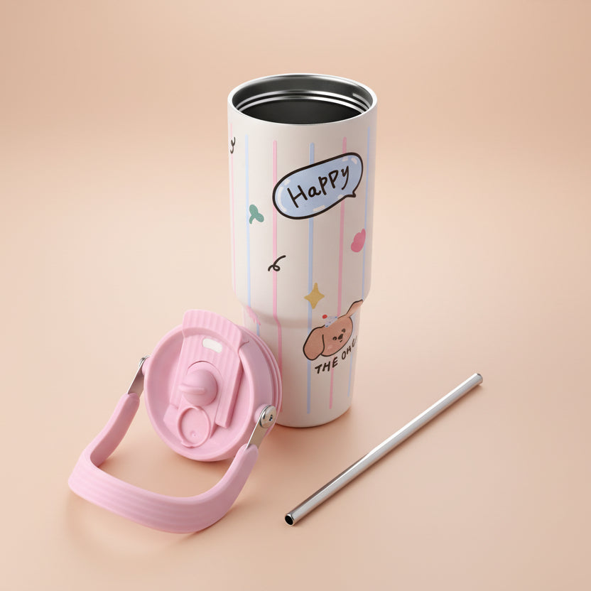 Pink-Blue striped Happy Bunny stainless steel Tumbler