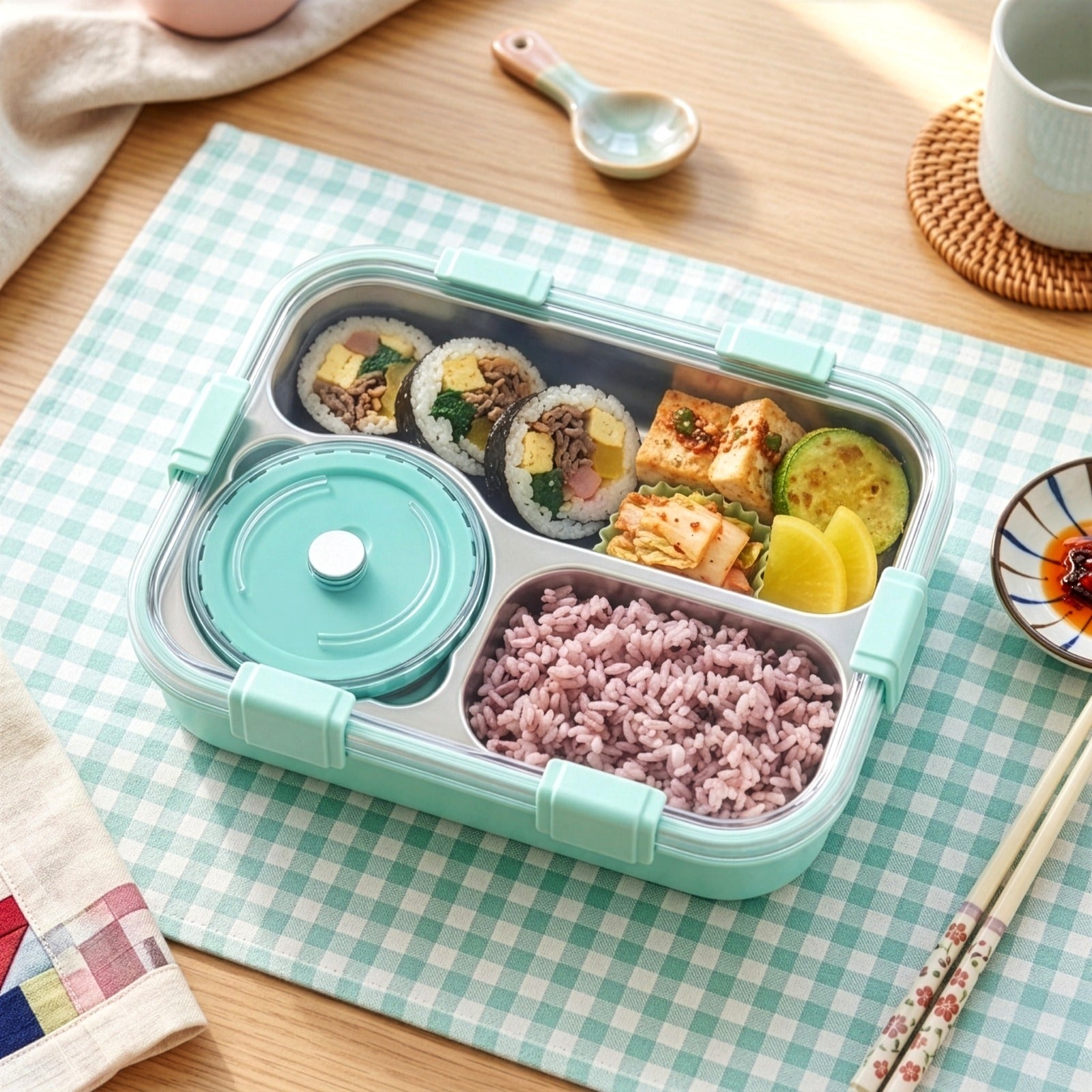 Korean Bento Box 3 Grid with Soup Bowl - Blue