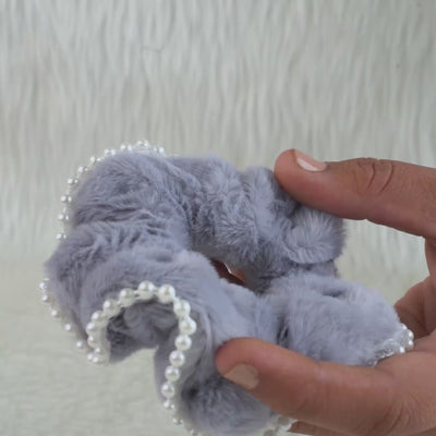 Korean Single Fur Scrunchie with Pearls - Blue