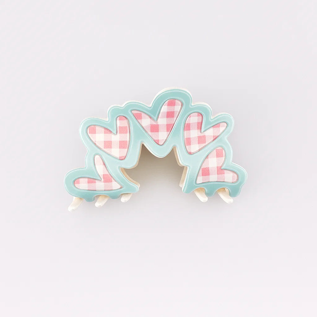 Gingham Hearts With Blue Lining Claw Clip